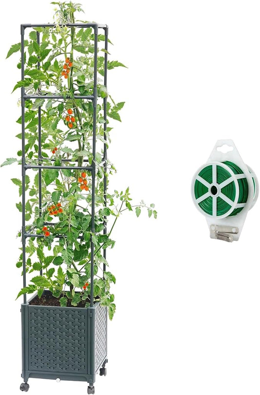 Raised Garden Bed with Tomato Planter Cage, 56.7” Trellis Planter Boxes with Wheels for Outdoor Patio Greenhouse Gardening Climbing Vegetables