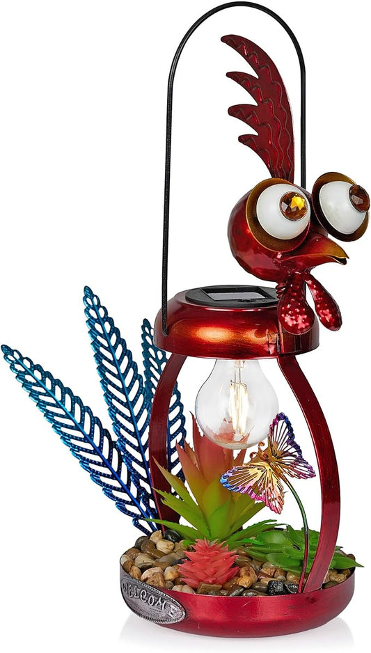 Alpine Corporation LYT286SLR-HH Solar-Powered Metal Rooster w/Garden Enclosed LED Light Decor, Solar Patio Decor, 16''H, Red