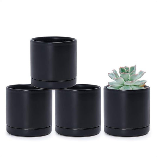 D'vine Dev Set of 4 Small Ceramic Plant Pots, 3.5 Inch Succulent Planter Pot for Plants with Drainage Hole and Saucer, Black, 94-X-A-2