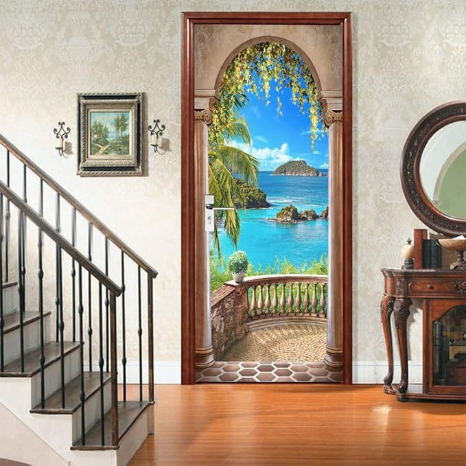 3D Door Stickers Murals - Landscape - Peel and Stick - Waterproof & Washable - Matt Finish - Tropical Style - White - 35.4" x 78.7" - 2 PARTS
