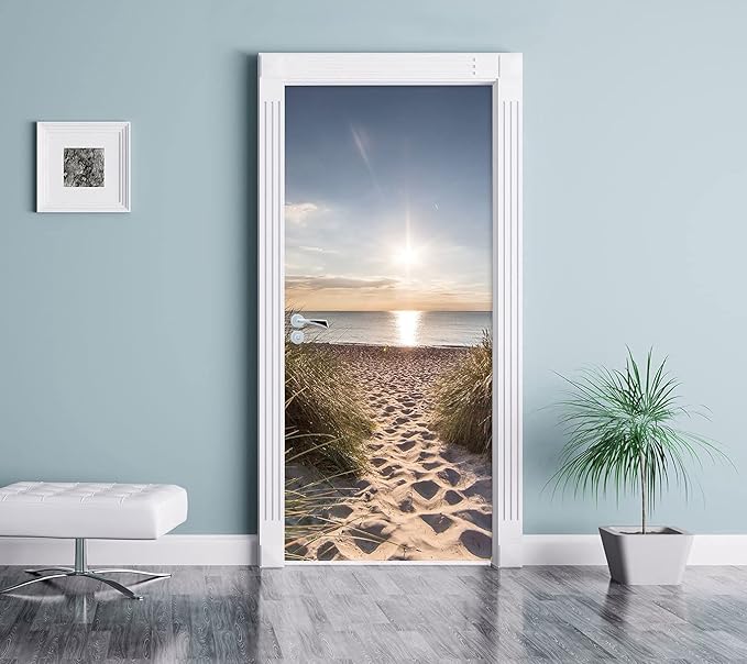 3D Door Stickers Murals Peel and Stick - Beach Path - Door Wallpaper Self-Adhesive Door Decals Removable PVC Waterproof Door Poster for Bedroom Living Room Door Decoration 30.3 x 78.7 inch