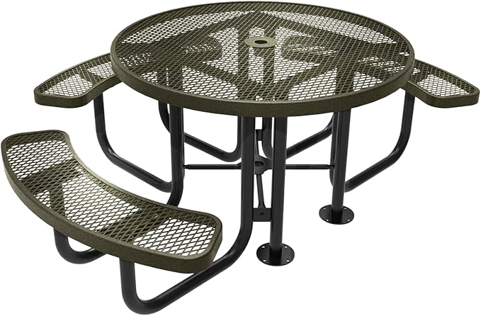 Heavy-Duty Portable Outdoor Picnic Table with Umbrella Hole, Expanded Metal Patio Dining Furniture Made in America (46" Round Top, Textured Gold Vein)