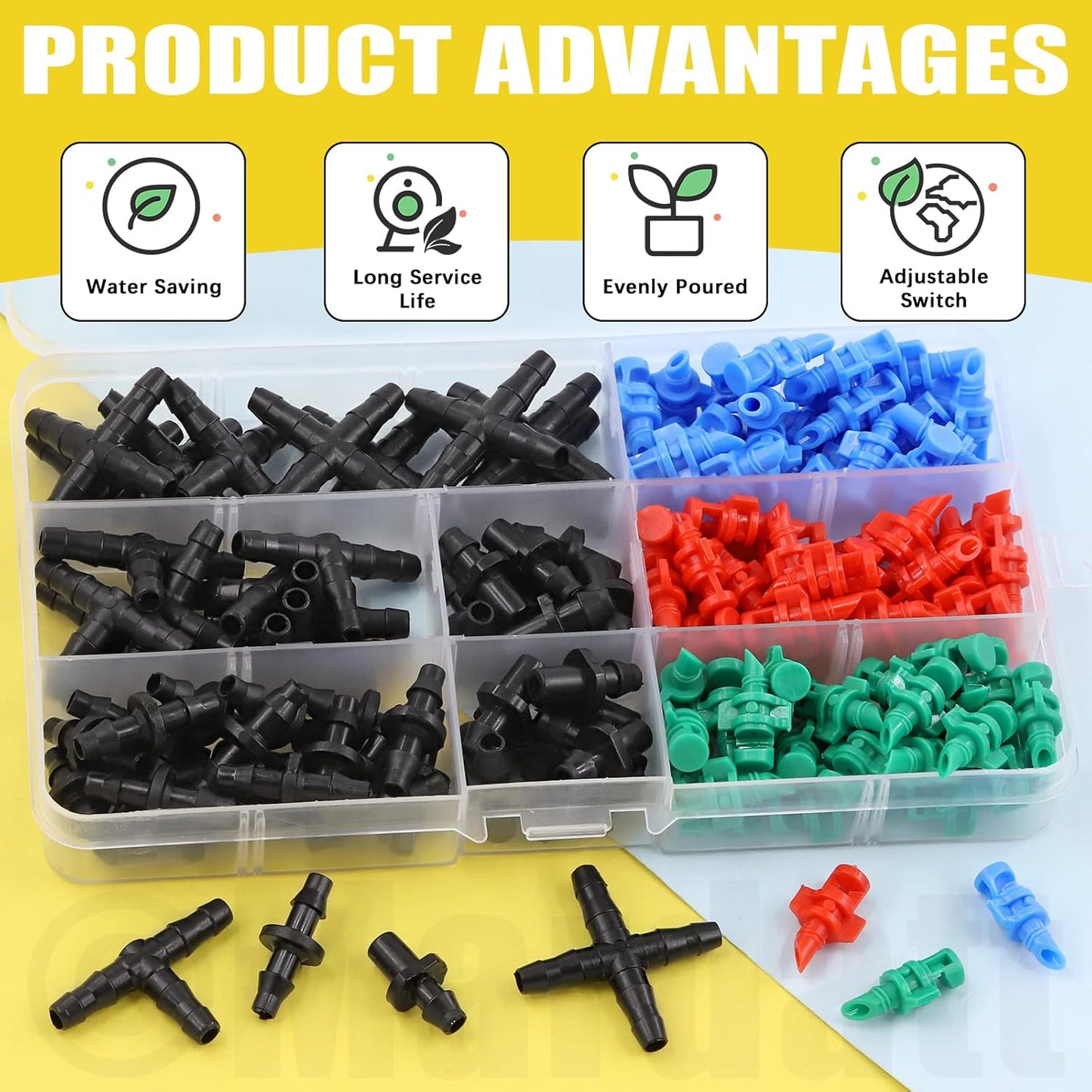 152Pcs Drip Irrigation Barbed Connectors Fittings Kit for 1/4" Tubing Includes 90/180/360 Angle Atomizing Sprinkler Sprayer and Barbed Connector for Agriculture Hydroponic Garden Lawn