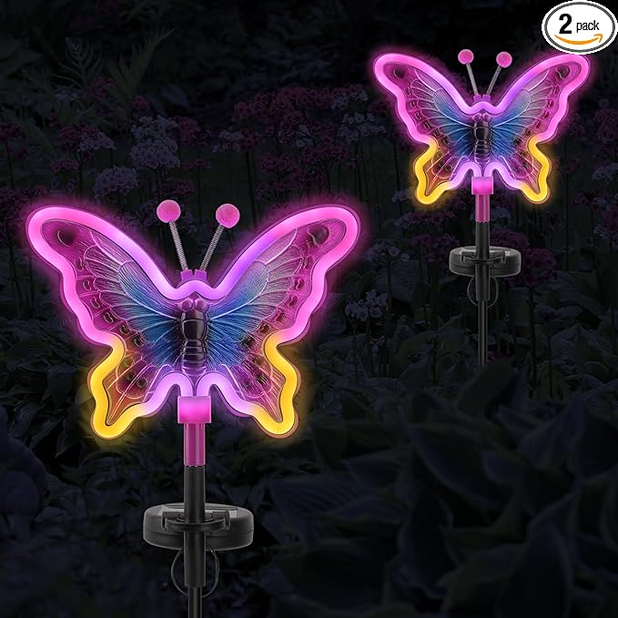Butterfly Solar Lights, Solar Butterfly Outdoor Light, Garden Decor,Neon Butterfly Garden Lights for Outside, Yard, Pathways,Patio, Lawn, or Landscaping Decor (Amaranth, 2 Pack)