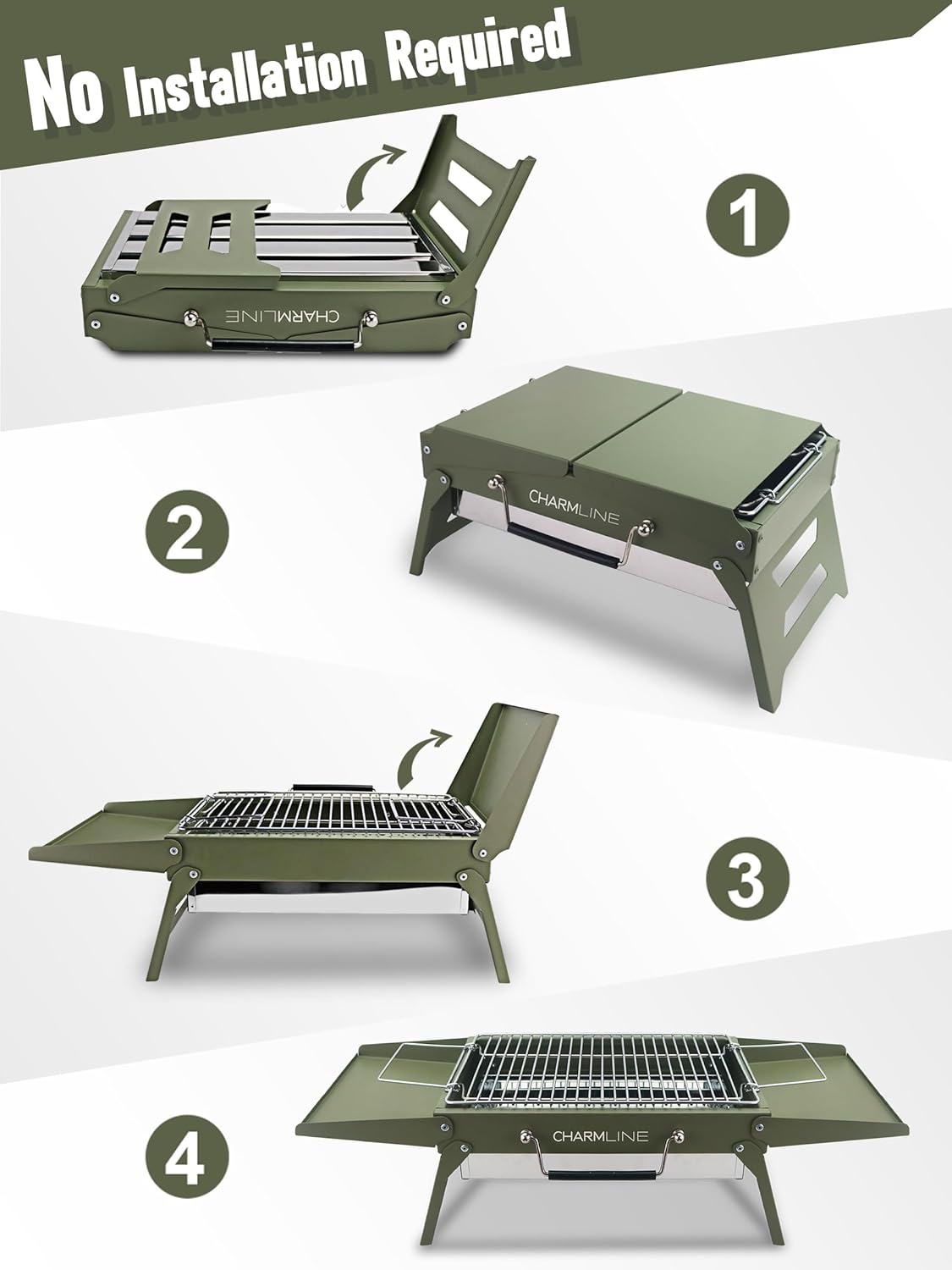 Charmline 14x9inch Small Foldable Portable Charcoal Grill, Compact Portable Grill for Outdoor, Charcoal Grills for Camping, Picnics, Gardens and Beach Parties, Liftable Grilling Net, Green