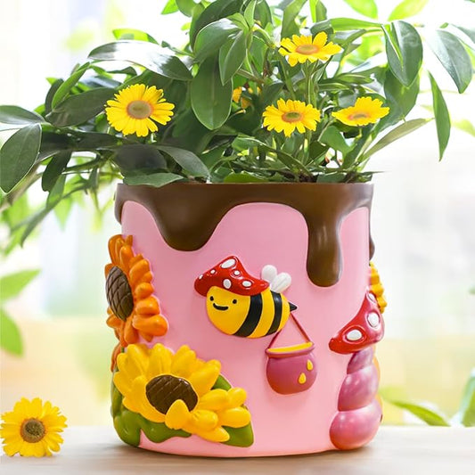 GUGUGO Colorful Bees and Sunflowers Plant Pots, Cute Unique Succulent Planters with Drainage, Rainbow Small Mushrooms Flower Planters Pots for Indoor Plants, Funny Eclectic Home Decor, Pink