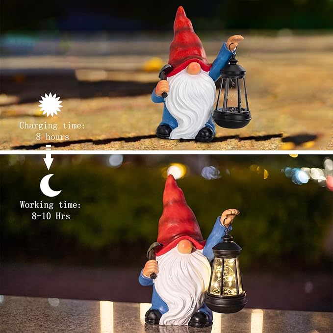 Garden Gnome Statue Solar Light Outdoor Decorations Figurine with Lantern Led Shovel Sculpture Lawn Patio Yard Porch Outside Christmas Housewarming Gifts for Women Mom Grandma