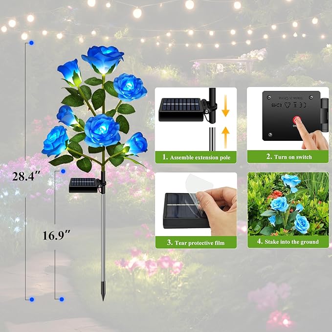 DWH 2 Pack Solar Garden Lights Outdoor, 7-Flower Rose LED Stake Light for Yard Patio Pathway Lawn Fence Cemetery, Blue