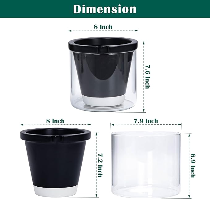 D'vine Dev 8 Inch Design Self Watering Planter for Indoor Plants, Black Terracotta Pot with Cylinder Glass Cup, 37-X-C-3