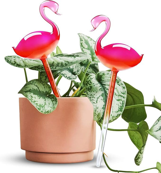 Self-Watering Glass Globes 2PCS Flamingo Gradient Hot Pink 10" Long Hand Blown Bulbs Pot Plant Waterer Home Indoor Outdoor Garden Patio Hanging Flower Spike Decorative Automatic Irrigation System