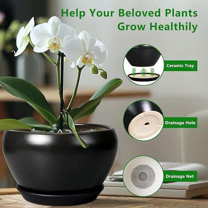 Ceramic Pot for Plants Large - 13 Inch Plant Pot Indoor with Drainage Hole and Saucer Round Planter Decorative Planter Outdoor Flower Pot for House Decor Balcony Black