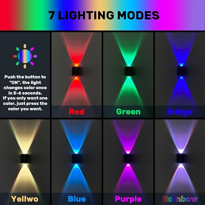 2LEDs Multi-Color Solar Wall Lights, Up and Down Lighting Solar Outdoor Light Waterproof IP65, Solar Fence Light for Yard Garden Garage (4 Pack)