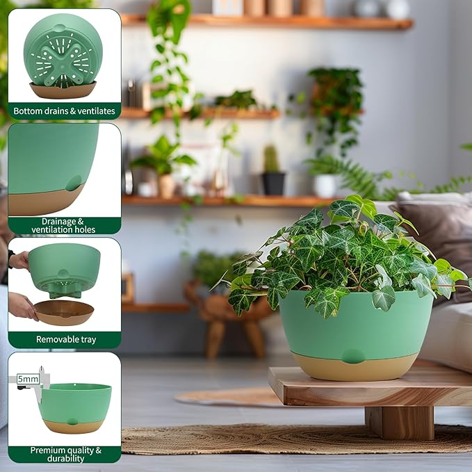 8/10/12 Inch Pots for Indoor Plants, Large Self Watering Planters with Drainage and Saucers, Plastic Outdoor Flower Pot, Set of 3, Green