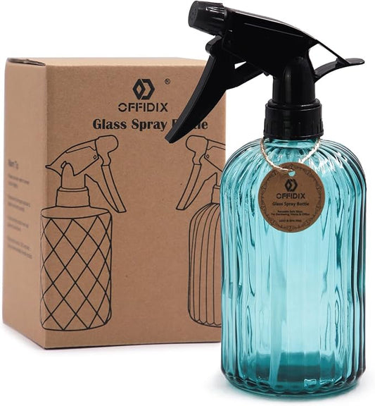 OFFIDIX Glass Spray Bottle, Plant Mister with Adjustable Nozzle 0.4L/13.5oz Pressure Watering Can Handheld Spray Bottle for Outdoor Indoor Plants and Cleaning Work (Blue)
