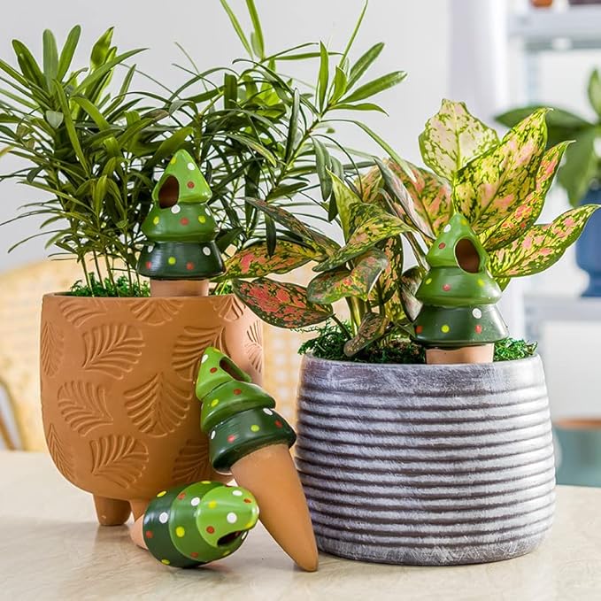 4 Pack Terracotta Christmas Tree Automatic Plant Watering Devices,Household self Watering Planter Insert, Watering Spikes for Indoor Plants,Holiday Potted Plant Continuous Moisture Device