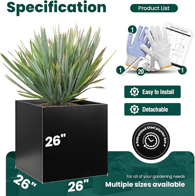 Galvanized Steel Planter Box Black Metal Planter Large Square Indoor Outdoor Planters Cube Steel Heavy Duty Flower Pot 26Inch Powder Coating Modern Commercial Residential for Patio, Deck, Yard, Garden