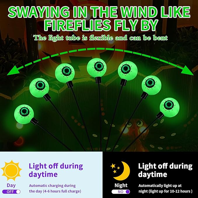 Aogist Halloween Decorations Eyeball Swaying Firefly Light Bright Long Standby Time Waterproof Outdoor Lights for Beautiful Spaces Garden Yard Lawn Pathway Porch Party Decor (Green, 2 Pack-12 LEDs)