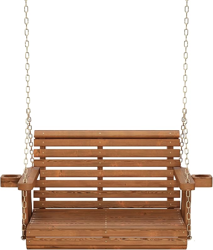 Amish Casual 3 Foot Roll Back Porch Swing with Cup Holders in Oak Stain - Amish Made in The USA from Treated Pine Heavy Duty 700 Lb. Weight Capacity