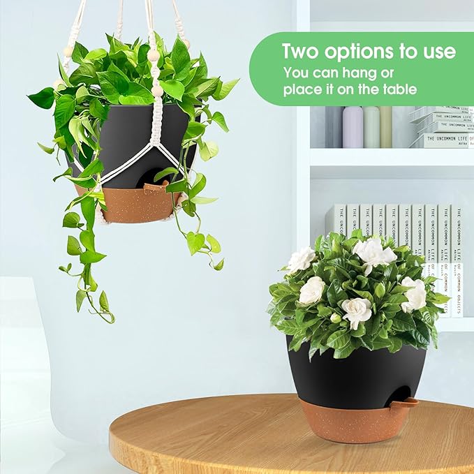 Hanging Planters for Indoor Outdoor Plants, 2 Pack Self Watering Hanging Pot with Drainage Holes, Removable Tray & 2 Kinds of Plant Hangers, 10'' Hanging Flower Pots for Home Garden Decor, Black
