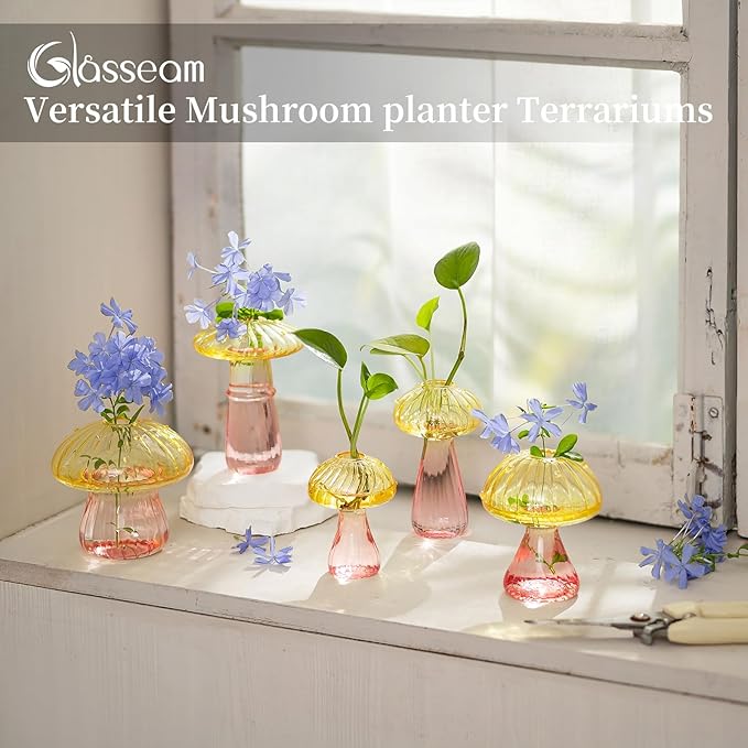 Glasseam Mushroom Plant Propagation Stations: Colored Glass Terrarium Jar Set of 10 Cute Planters for Indoor Plants Mini Propagate Station Unique Christmas Birthday Gifts for Women Home Office Decor