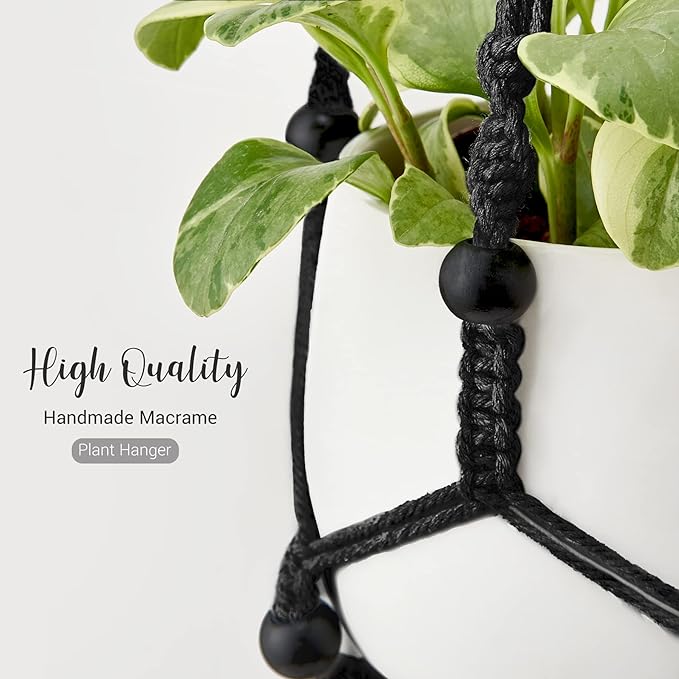 Mkono Macrame Plant Hanger Indoor Hanging Planter Basket with Wood Beads Decorative Flower Pot Holder No Tassels for Indoor Outdoor Boho Home Decor 35 Inch, Black, Set of 1 (POTS NOT Included)