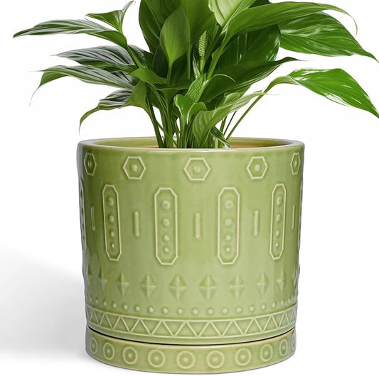 8 Inch Plant Pots - Ceramic Planter for Indoor Plants Outdoor, Round Ceramic Flower Pots with Drainage Hole and Saucer, Boho Decorative Planter, Home Bedroom Decor, Birthday Gifts, Green