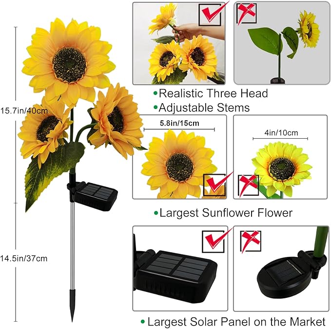 3 Pack Sunflower Solar Lights Outdoor Decor with 3 LED Sunflower Yellow Flower Lights Decorative Waterproof for Patio Lawn Garden Yard Pathway Decoration