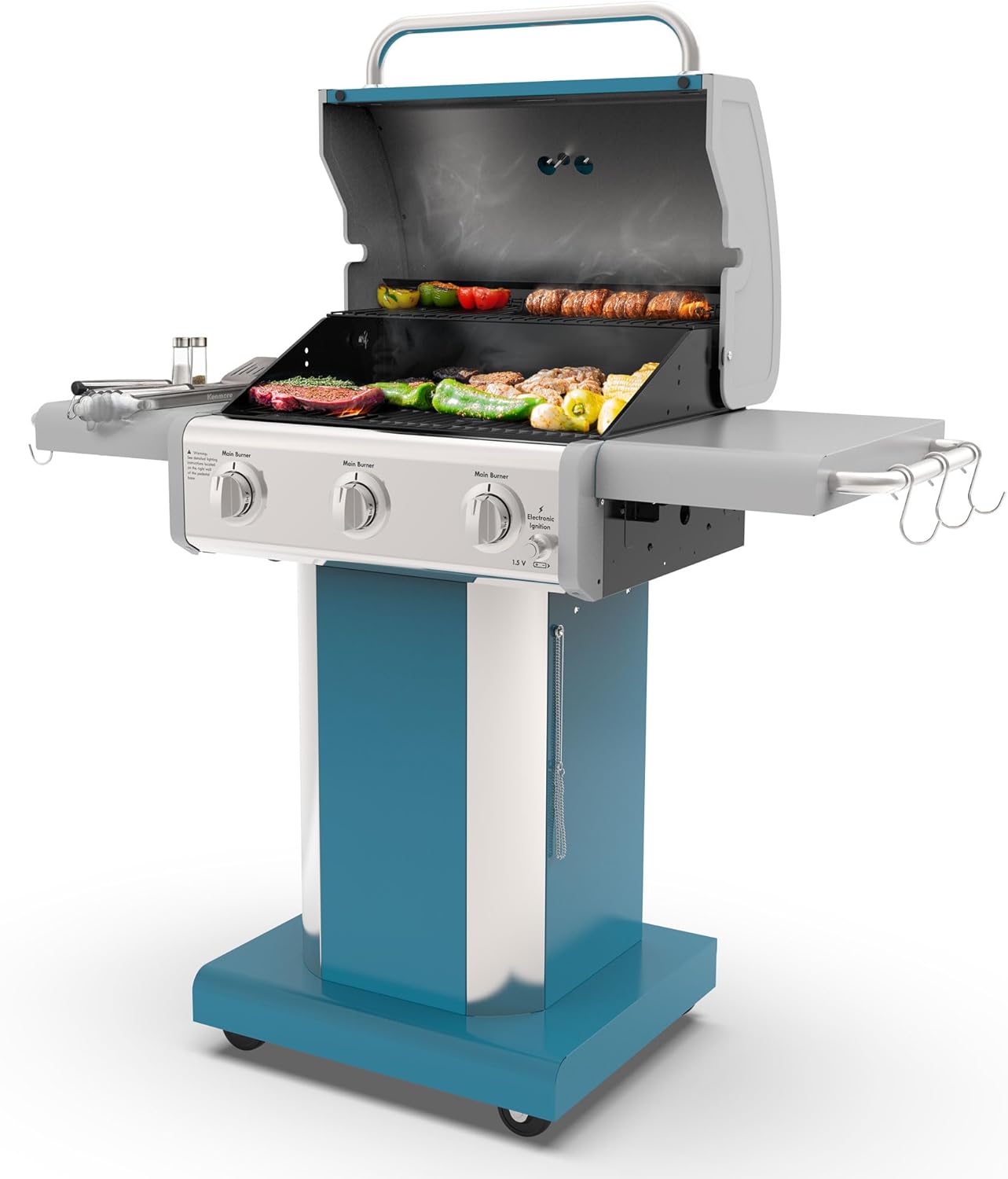 Kenmore 3-Burner Propane BBQ Grill, 30,000 BTUs Gas Grill with Cast Iron Cooking Grates, Folding Side Tables & Wheels, Outdoor Grill with Tool Hooks, Teal