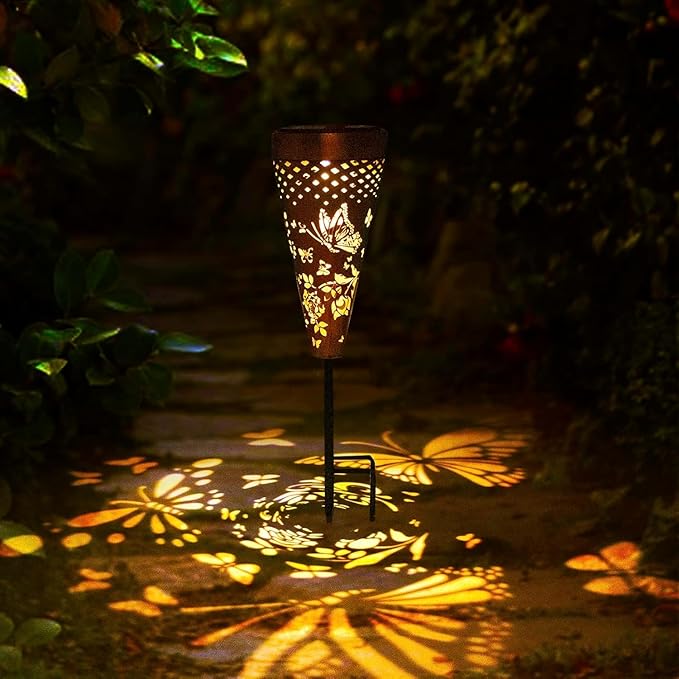 DIBIEECN 4 Pack Butterfly Solar Garden Pathway Lights Outdoor,Metal Garden Decorations Outdoor Lights with Patterns and Warm Light,Waterproof Landscape Lighting for Path Patio Backyard Yard