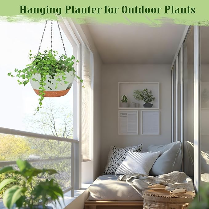 Hanging Planters for Outdoor Indoor Plants, 2 Pack 12 Inch Hanging Basket Plants Outdoor, Self Watering Hanging Planter with Plant Hanger for Garden Home Decoration (2 Type Plant Hangers Green)