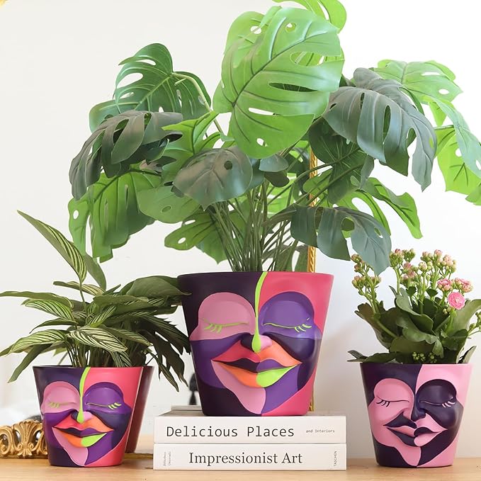 GUGUGO 8 Inch Planter Abstract Rainbow Face Pots for Plants, Unique Head Planters Pots with Drainage, Cute Eclectic Flower Pots for Garden, Colorful Funny Room Decor (Mainly Green)