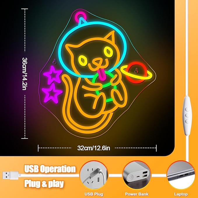 Astronaut Boba Tea Cat Neon Sign Cat Neon Lights for Wall Decor Cute Kitty with Stars Asteroids Anime Led Light Sign for Kids Bedroom Dimsum Store Cofes Bar Milk Tea Shop