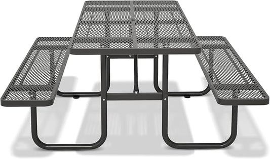 72'' Steel Rectangular Picnic Table for Outdoors, Expanded, Lifetime Picnic Table with Umbrella Hole, Heavy Duty Sturdy Commercial Picnic Tables for Garden Courtyard BBQ, Black