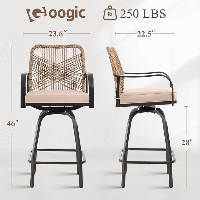 Outdoor Bar Stools Set of 6, Patio Swivel Counter Height Rattan Bar Stools, Patio Wicker Bar Swivel Chairs with Cushion, Outdoor Pool Bar Chairs for Backyard Garden Balcony w /360 Rotation