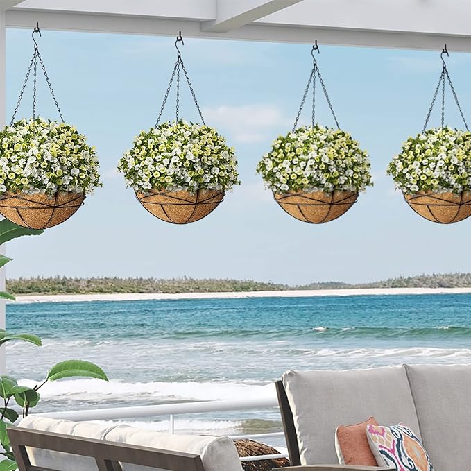 2 Pack 10 Inch Hanging Planters for Outdoor Plants Metal Wire Flower Baskets with Natural Coconut Liners for Garden Planting Decor