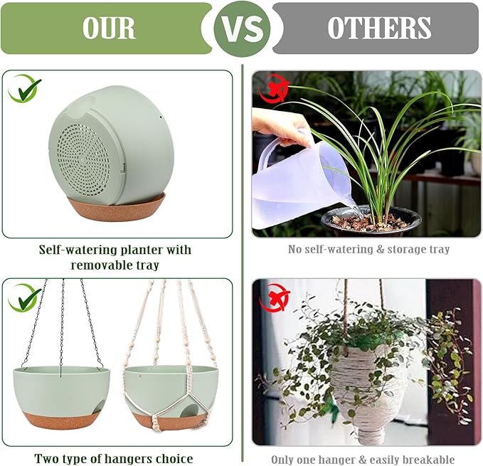 Hanging Planters for Outdoor Indoor Plants, 2 Pack 12 Inch Hanging Basket Plants Outdoor, Self Watering Hanging Planter with Plant Hanger for Garden Home Decoration (Green)