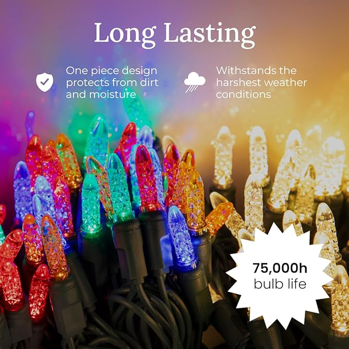 Pro Christmas M5 LED Holiday Lights - 70 Bulbs, 23.3ft - Professional Grade Indoor Outdoor Diamond Cut Sparkle Light Strings for Home Decorations and Christmas Trees - Red