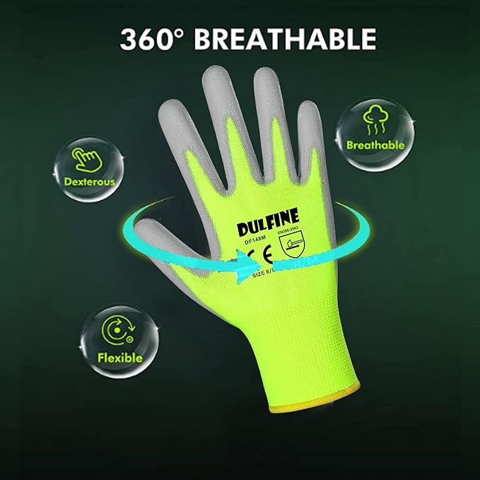 DULFINE Safety Work Gloves for Men PU Coated 12 Pairs Bulk Pack,Hi-Vis Yellow Seamless Knit Glove with thin Polyurethane Coated Smooth Grip on Palm & Fingers,Ideal for General Duty Work (Medium)