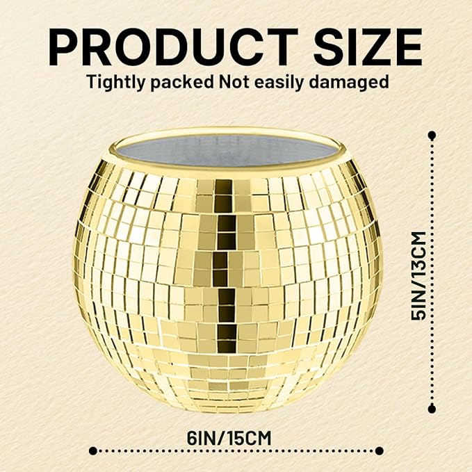 2 Pcs Disco Ball Vase,5 x 6 Inch Mirrored Disco Ball Planter,Disco Ball Candle Holders Perfect Disco Decorative Planters for Living Room Bedroom Table Wedding Party Birthday(Gold)