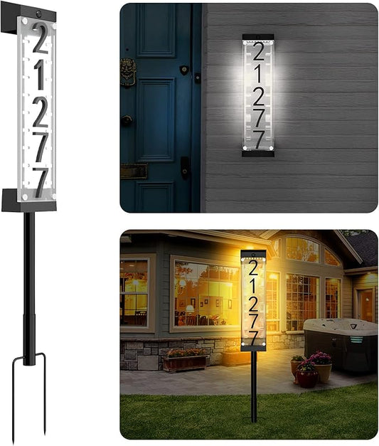 Solar House Number [Upgrade 3D Acrylic Number] Solar Address Sign Increase Brightness, Number Is Bold, Anchor Is Made Of Iron,Solar House Number Sign with Two Lighting Modes and Two Installation (White)(Manual without remote control) (Warm White)