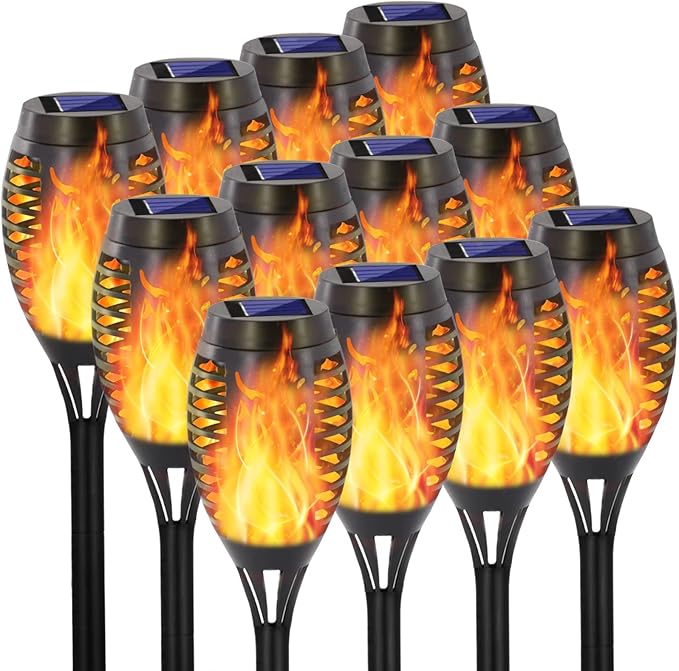 EOYIZW 12 Pack Solar Torch Light with Flickering Flame, 12 LEDs Solar Lights Outdoor, IP65 Waterproof Tiki Torches for Outside Landscape Decoration Outdoor Lights for Garden Yard Patio