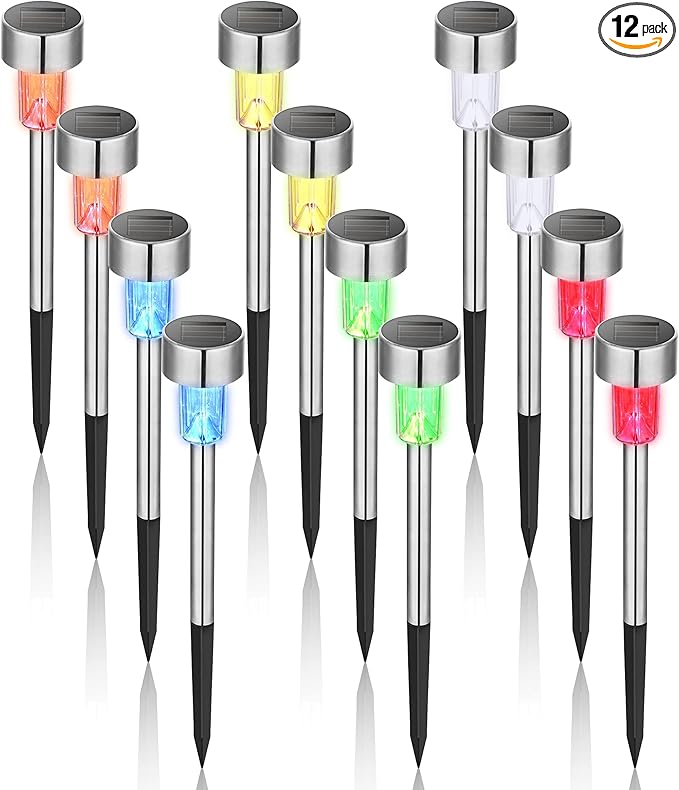 GIGALUMI 12Pack 6Color Solar Garden Lights, Solar Christmas Lights Outdoor Waterproof Decorative, Stainless Steel Led Pathway Landscape Lighting for for Landscape, Yard, Garden, Lawn and Walkway