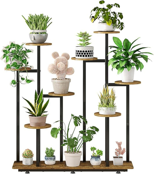Plant Stand Indoor 9 Tier 11 Potted Multiple Flower Pot Holder for Patio Garden Balcony Living Room Corner (9 Tier Black+Rustic Brown)