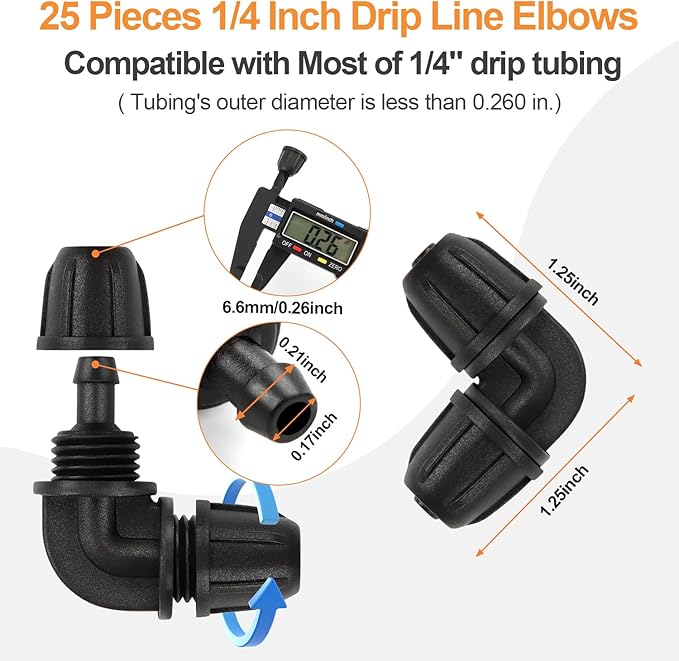 1/4 Inch Drip Irrigation Elbow Fittings, 25 Pieces 1/4'' Drip Line Barbed Locked Elbow Connectors for 1/4 Inch Irrigation Tubing Anti-leak 90 Degree Elbow for Garden Drip Sprinkler Systems