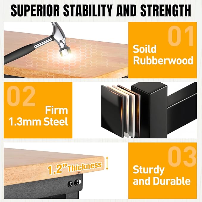 96”Adjustable Work Bench, 5000 LBS Capacity Heavy Duty Workbench with Power Outlet & Pegboard, Rubber Wood Work Table for Garage, Workshop, Office, Home