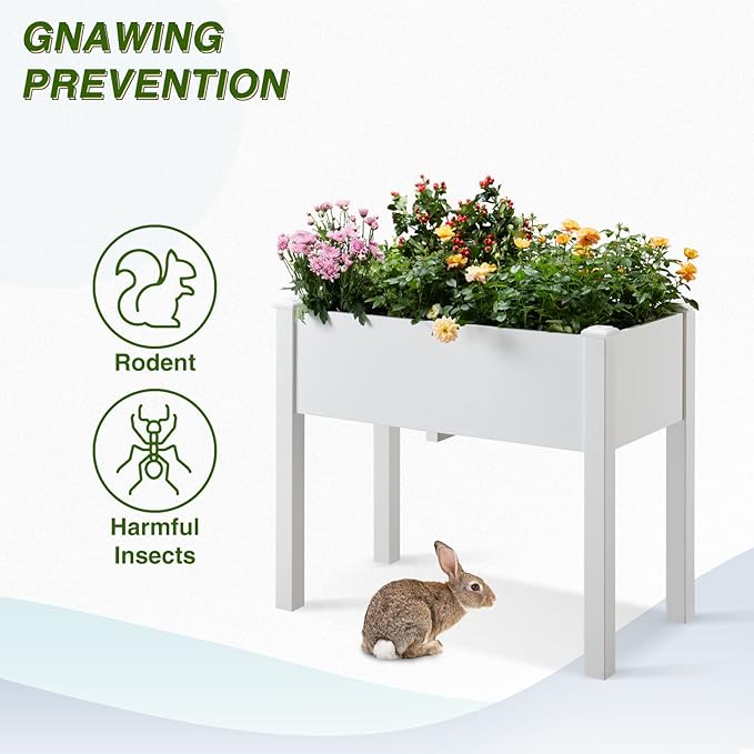 Psilvam Raised Garden Bed with Legs, Poly Lumber Raised Planter Box, Outdoor Elevated Garden Bed Suit for Backyard, Patio, Balcony 34" D x 18" W x 30" H（White）