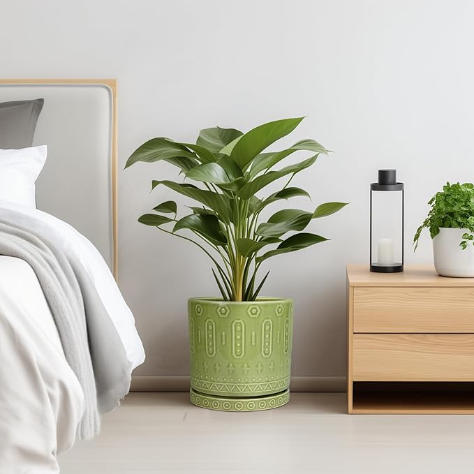 Ceramic Pot for Plants - 10 Inch Indoor Plant Pots with Drainage Holes and Saucer, Boho Round Planter Outdoor, Decorative Large Planter for Flower, Living Room Decor, Garden Gifts, Green