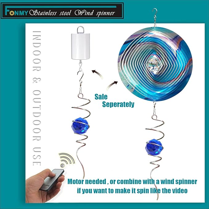FONMY Gazing Ball Spiral Tail -Decorative Wind Spinner Sun Catcher Rainbow Maker 11 inch Tail and 2 inch Dark Blue Crystal Orb. Indoor Outdoor Garden Decoration -13 inch Height
