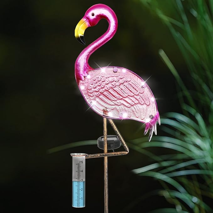 Flamingo Rain Gauge Solar Stake Outdoor, 43’’ Solar Rain Gauge LED Lights with Rainfall Gauge for Garden, Yard, Lawn, Pathway, Patio