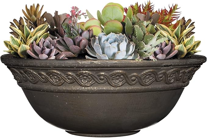 Classic Home and Garden Indoor/Outdoor Round Corinthian Resin Flower Pot Planter Bowl, Bronze, 12"